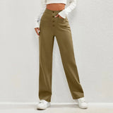 Fongt Fashion New Women's Casual Straight Pants High Waist Button Elastic Belt With Multiple