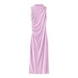 New Pleated Trim Sleeveless Flute Dress 3152200-Outfit