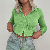 Solid Buttoned Lapel Tops Fall Summer Long Sleeve Split Crop Tops Women Slim Fit Ruched T-shirts Casual Street 3