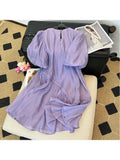 Summer Women's Purple Short Bubble Sleeve Round Neck Elegant Dresses Spring Casual Loose Mini Dresses Ladies