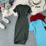 Fongt Solid-Color Temperament Round-Neck Knitted Tight Skirt Dress Bag Hip One-Step Skirt Dress Mid-Long Model