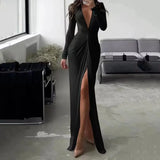 Fongt New Solid Color Dress Summer Fashion Sexy Slit V Neck Long Sleeve Solid Slim Pleated Skirt Dress-Outfit