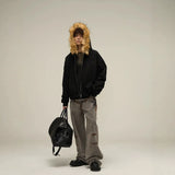 Fongt Selling Vintage Fur Collar Couple Hooded Zip Open-Air Jacket Oversize Design Niche Coat