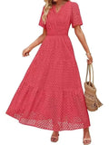 Fongt Women's V-Neck A-Shaped Hollow Lace Cake Dress