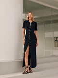 Fongt New Women's Fashion Temperament Collar Single-Dcupuncture Dress Retro Knitted Long Dress