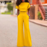 Women Pants Sets 2022 Female Casual Solid Color Round Neck Short Sleeve Tops High Waist Zipper Pants Office Long