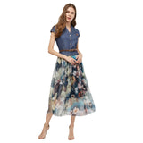 Fongt Summer New Women's Temperament Fashion Denim Dress Sleeveless Splicing Print Mid-Long