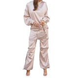 Fongt 2023 New Pure Color Silk Light Round Collar Long Sleeve Top Fashion Cargo Pants Suit-Outfit
