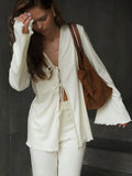 Fongt Casual Light And Thin Tight With Horn Sleeves Loose Waist Straight Trousers Knitting Set Spring And Autumn