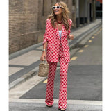Fongt Women's Digital Print Bohemian Suit Long Sleeve Open-Shirt Trousers Set 3043