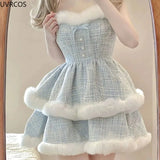 Style Elegant Tweed Plaid Dress Sets Women Plush Patchwork Short Woolen Jackets Sexy Bow Mini Skirt Japanese Fashion Suit-Outfit