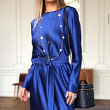 Vintage Sashes Satin Slim Mid Dress Long Sleeve Solid O Neck A Line Simple Casual Dress 2020 Early Winter New Women