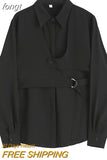 Women's Blouse Casual Loose Black Shirts 2023 Summer Gothic Vintage Harajuku Streetwear Long Sleeve Turn Down Collar Tunic