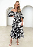 Fongt Summer Style New Hot Style Holiday Style Bubble Sleeve Print French Cake Dress-88109-Outfit