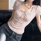 Lace Trim Coquette Puff Short Sleeve Tee-Outfit