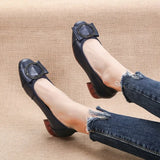 2021 Genuine Leather Square Toe Pumps Women Shoes Low Heel Shallow Round Buckle Slip-On Leather Casual Shoes For