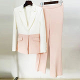 QUALITY New 2023 Designer Runway Suit Set Women's Career Slim Fit Single Button Color Block Blazer Suit Pants Set Two