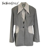 Casual Slim Patchwork Colorblock Blazer Female Long Sleeve Cut Out Fake Two Korean Fashion Jacket For Women