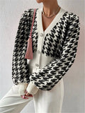 Fongt And Winter Tiger Pattern Lantern Sleeve Knitted Cardigan Sweater Short Coat