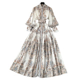 Fongt Style Dress Women's Spring Court Collar Lantern Sleeves To Close The Waist Single Buckle Printing Folded Long Skirt