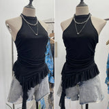Trend Irregular Hanging Neck Dyeing Net Yarn Vest Lotus Side Ribbon Short Sleeveless Top