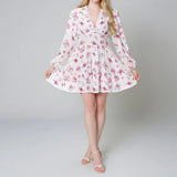Fongt Women's Temperament Sweet Broken Flower High Waist Repair V Collar Short Long Sleeve Dress