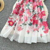 Fongt Elegant Dress Women's Summer Famous High-End Feel Lotle Side V-Neck Waist Thin Print Large Swing Dress