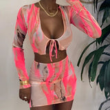 See Through Hot Sexy Women Matching Sets Bandage Long Sleeve Bodycon Club two Piece Outfits Crop Top And Skirt