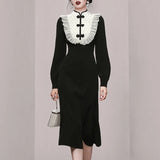 New Autumn Winter Vintage Disc Buckle Lace Patchwork Ruffled Dress Women's Long Sleeve Mid-Length Mermaid