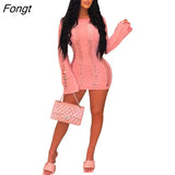 Hollow Out Knitted Mini Dress Women Sexy See Through Hollow Out Long Sleeve Backless Slim Night Clubwear Party
