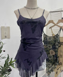辣bab Net Yarn Print Small Sling Vest Tidly Tidly Ribbon Ribbon Leaves Edge Sleeveless Top