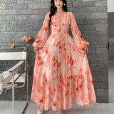 Fongt Dress Women 2025 New High-End Sense V-Neck Pearl Buckle Lantern Sleeves Wide Swing Print Long Skirt