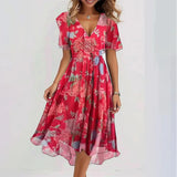 Fongt Summer New Loose Leisure Shuya V Collar Crumped New Hot Print Dress.