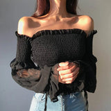 Spring Fashion Women Long Sleeve Off Shoulder Cropped Tops Solid Color Pleated Bow Blouse Ladies Shirt Lace Up Corset