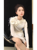 Chinese Style O-neck Flower Beading Tops Women Spring Slim Fit White Pullovers Y2k E-Girl Long Sleeve Sweater Mujer-Outfit