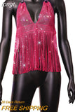 Women New Solid Tassel Sexy Two Piece Set Rhinestone V Neck Sleeveless Halter Backless Top Camis Hollow Out Party Mini