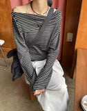 Gray Contrast Striped Tee Shirt Autumn New Lapel Neck Off Shoulder T-shirts Y2k Grunge Long Sleeve Tops Graphic T Shirts-Outfit