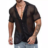 Fongt Men's Summer Cool Shirt Men's Casual Knit Hollow Out Breathable Short Sleeved Lapel Fashion Men's