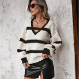 Fongt And Winter New Sweater Woman Loose Knitting Colliding Color V Collar Lantern Sleeves