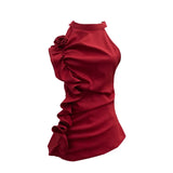 Fongt Design Sleeveless Leaves Three-Dimensional Flower Blouse Atmosphere Slimming Waist 1166