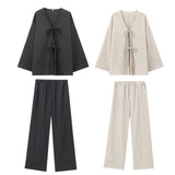 Fongt Wind Casual Set 2025 Summer Long Sleeve V-Neck Bow Tie With Loose-Fitting Shirt Broad Leggings