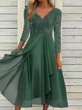 Fongt And Winter Long-Sleeved Chiffon Dress Splicing V-Neck Lace Hollow-Out Bridesmaid Evening