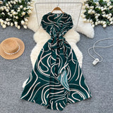 Fongt Summer New Small High-End Sense V-Neck Short-Sleeved Waist Irregular Open-Fork Print Dress Women's Long Dress
