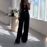 Fongt Spring And Summer New Solid Color V-Neck Sleeveless Vest Wide Leg Pants Casual Two-Piece