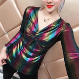 Glossy Contrasting Colors Slim T-shirt 2023 Spring Autumn Long Sleeve Female Clothing Sexy V-Neck Stylish Folds Pullovers-Outfit