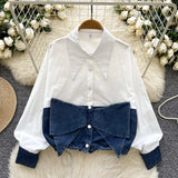 Fongt Dress Korean Fashion Design With Bow Denim Spliced Long-Sleeved Shirt Women Loose Shirt Top