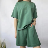 Loose Soft Sets Women 2021 New Casual Two Pieces Short Sleeve T Shirts and High Waist Shorts Solid Outfits