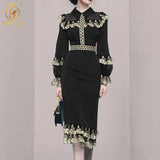 Runway Luxury Mesh Lace Embroidered Dress 2021 Autumn Women Flare Long Sleeve Flower Vintage Ruffles Korea Party