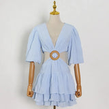 TWOTWINSTYLE White Sexy Dress For Women V Neck Lantern Half Sleeve Hollow Out High Waist Mini Dresses Female Summer New