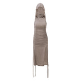 Fongt Summer New Women's Turtleneck Hood Fold Pull Rope Closed Waist Sexy Hollow Out Slit